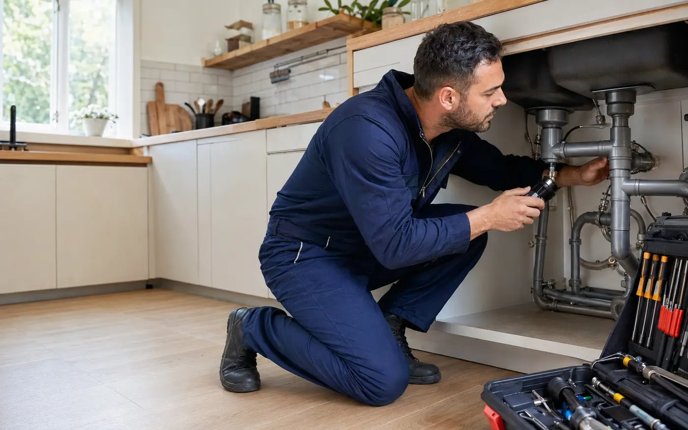 Plombier en tenue de travail inspectant une installation sous un évier