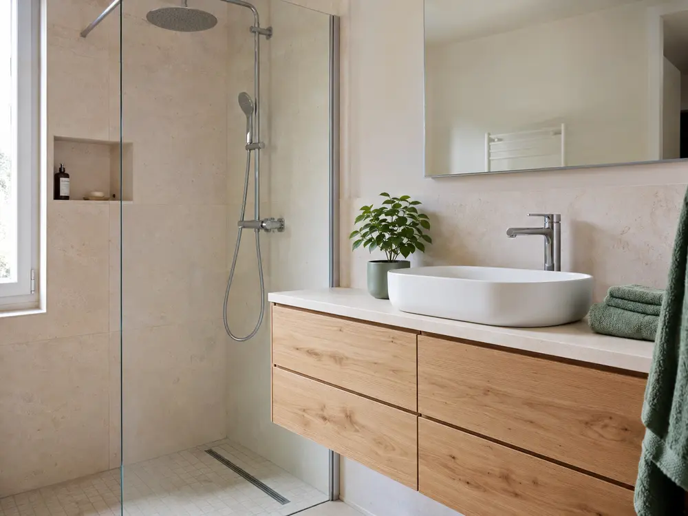 Salle de bain rénovée avec douche à l'italienne et robinetterie moderne